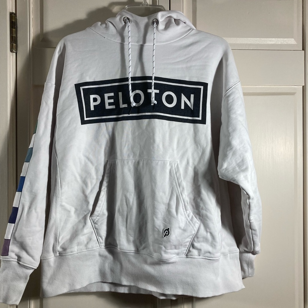 Peloton White Hoodie with Black Logo and Colorful Sleeves size small